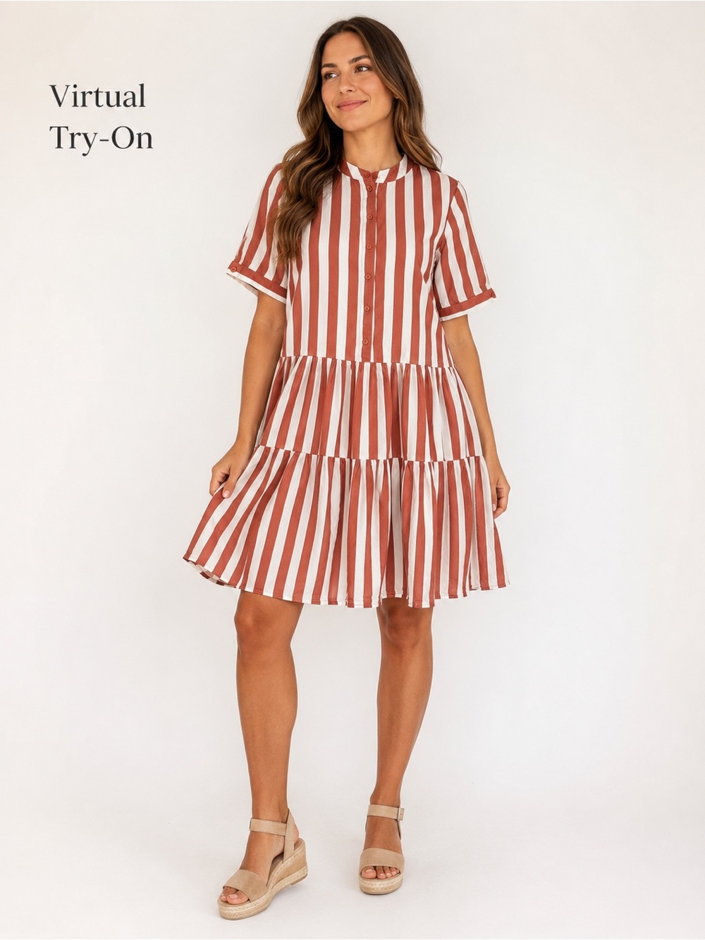 VERO MODA Organic Cotton Stripe Tiered Shirt Dress 
Rust White Short Sleeve Size